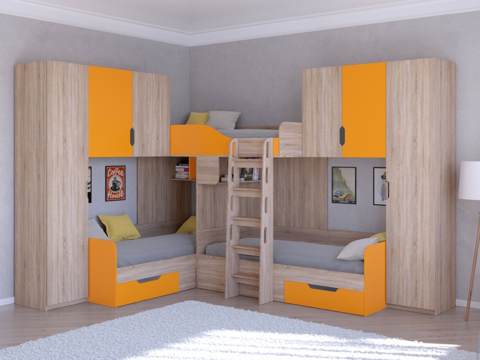 Трехъярусная кровать Трио 3 дуб сонома оранжевый