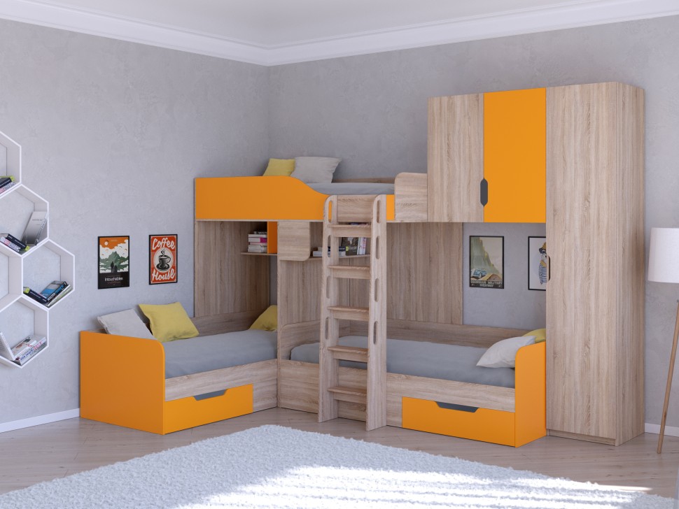 Трехъярусная кровать Трио 2 дуб сонома оранжевый