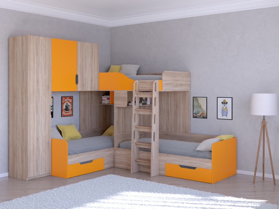 Трехъярусная кровать Трио 1 дуб сонома оранжевый
