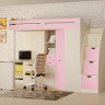 Кровать-чердак М85 с лестницей комодом дуб молочный розовый