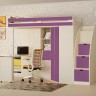 Кровать-чердак М85 с лестницей комодом дуб молочный фиолетовый