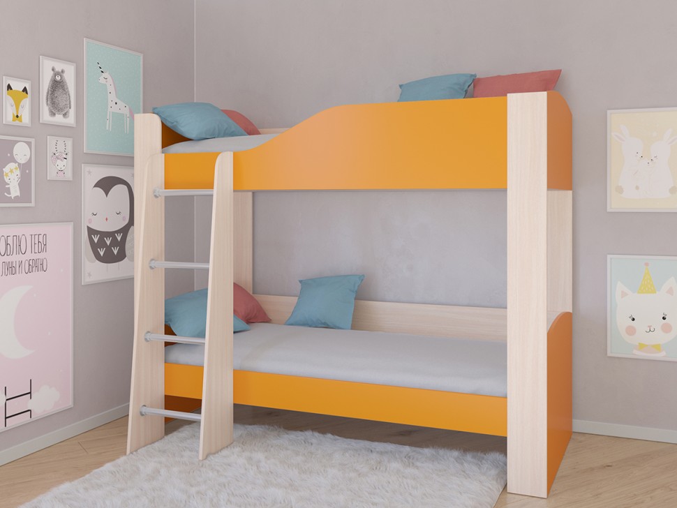 Двухъярусная кровать Астра 2 дуб молочный оранжевый без ящика