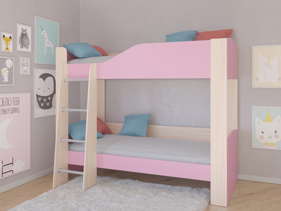 Двухъярусная кровать Астра 2 дуб молочный розовый без ящика