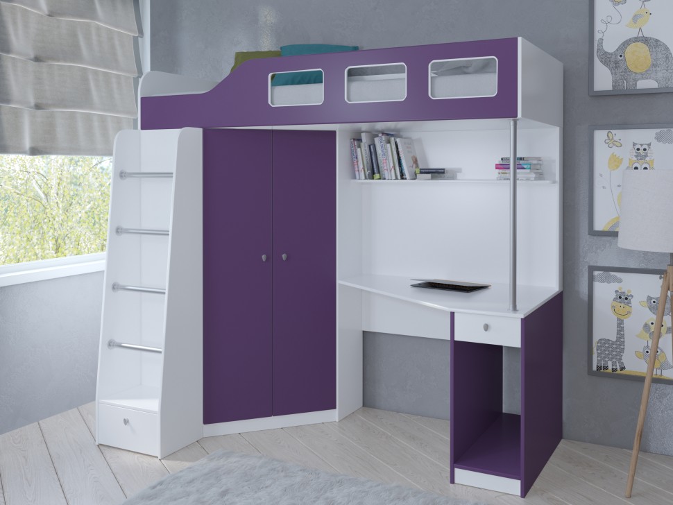 Кровать-чердак Астра 7 белый фиолетовый