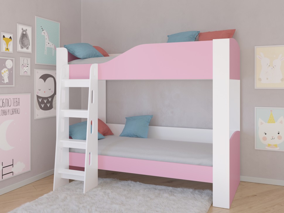 Двухъярусная кровать Астра 2 белый розовый без ящика