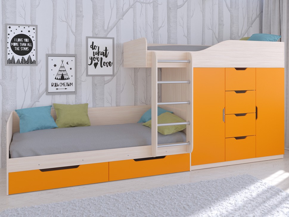 Двухъярусная кровать Астра 6 дуб молочный оранжевый