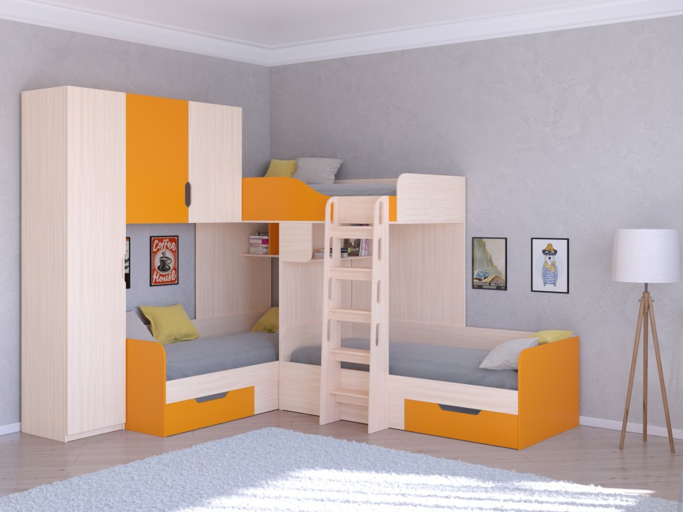 Трехъярусная кровать Трио 1 дуб молочный оранжевый