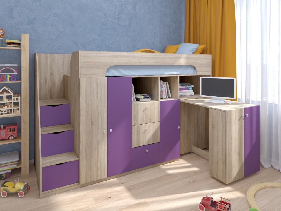 Кровать-чердак Астра 11 дуб сонома фиолетовый