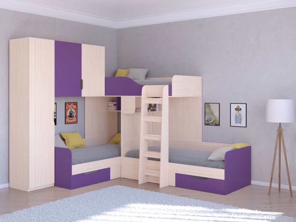 Трехъярусная кровать Трио 1 дуб молочный фиолетовый