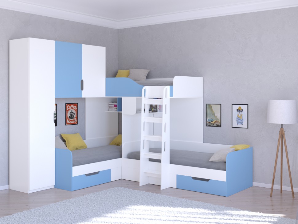 Трехъярусная кровать Трио 1 белый голубой