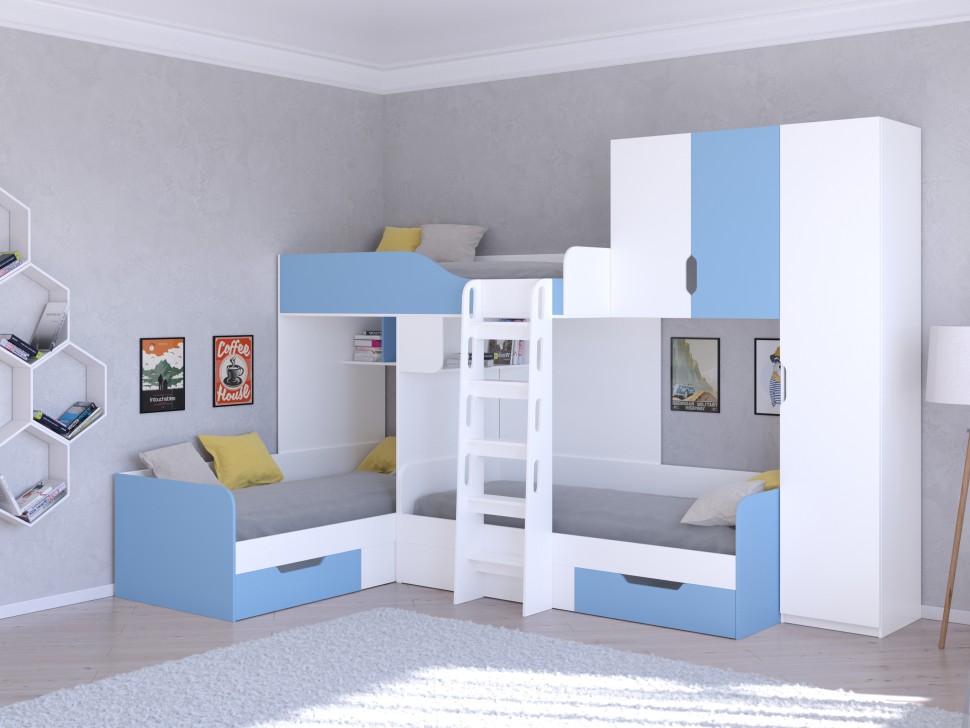 Трехъярусная кровать Трио 2 белый голубой