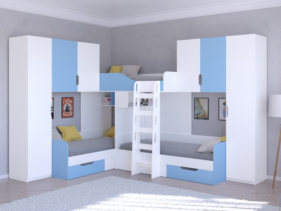 Трехъярусная кровать Трио 3 белый голубой