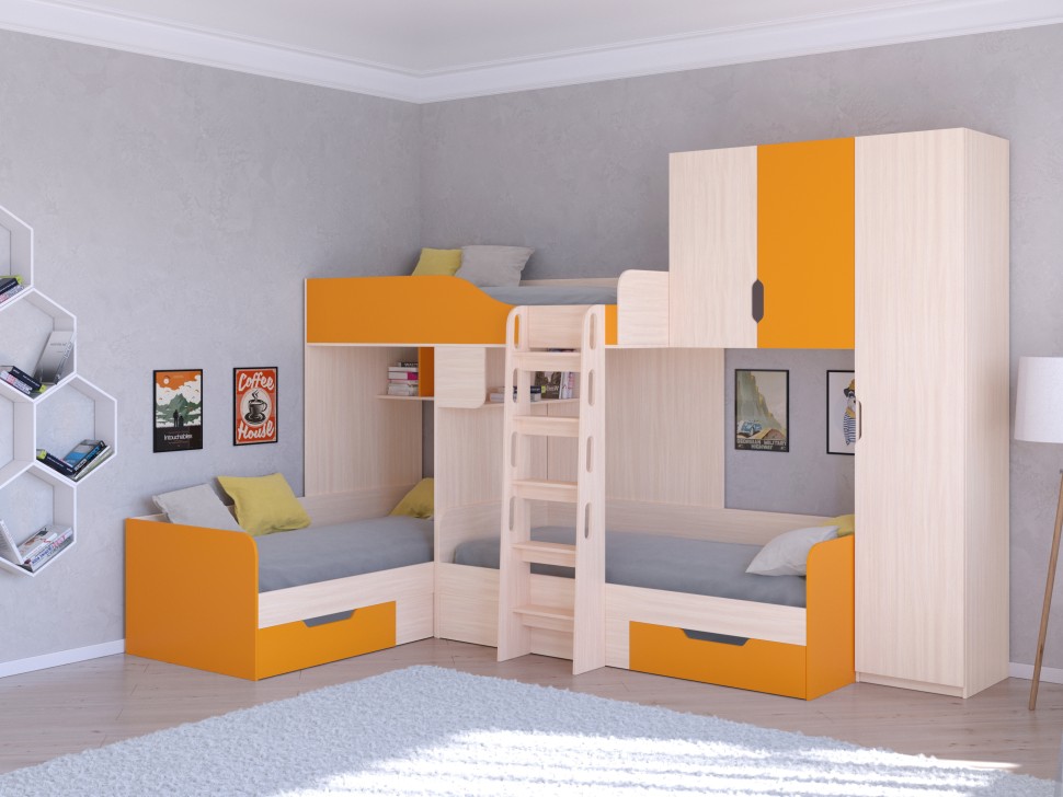 Трехъярусная кровать Трио 2 дуб молочный оранжевый