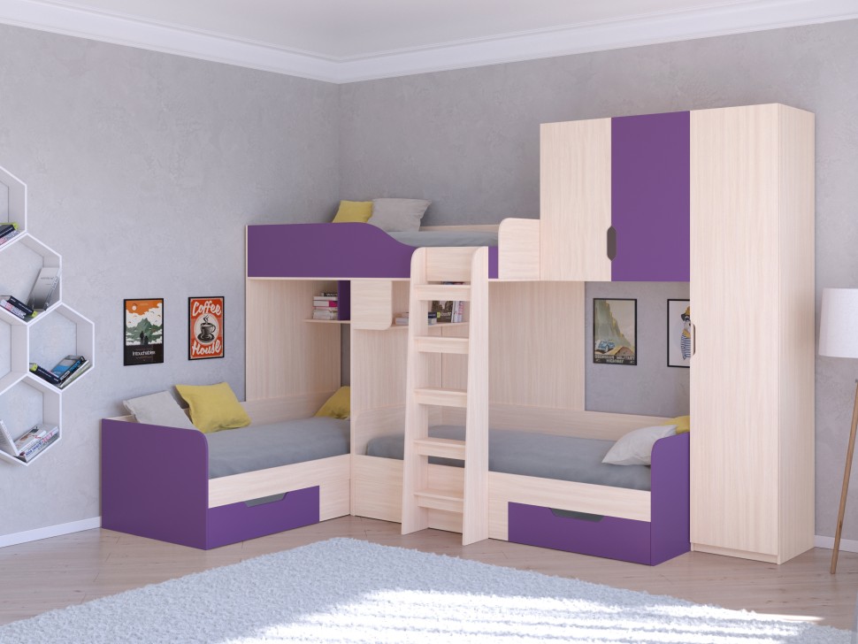 Трехъярусная кровать Трио 2 дуб молочный фиолетовый