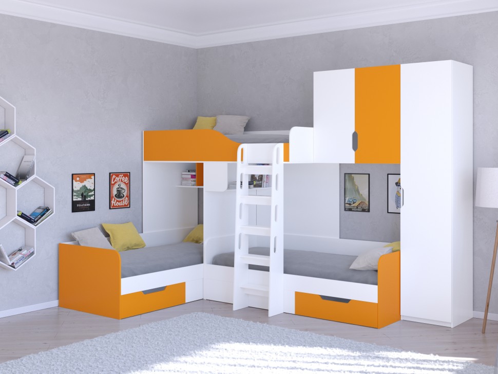 Трехъярусная кровать Трио 2 белый оранжевый