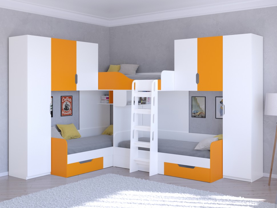 Трехъярусная кровать Трио 3 белый оранжевый