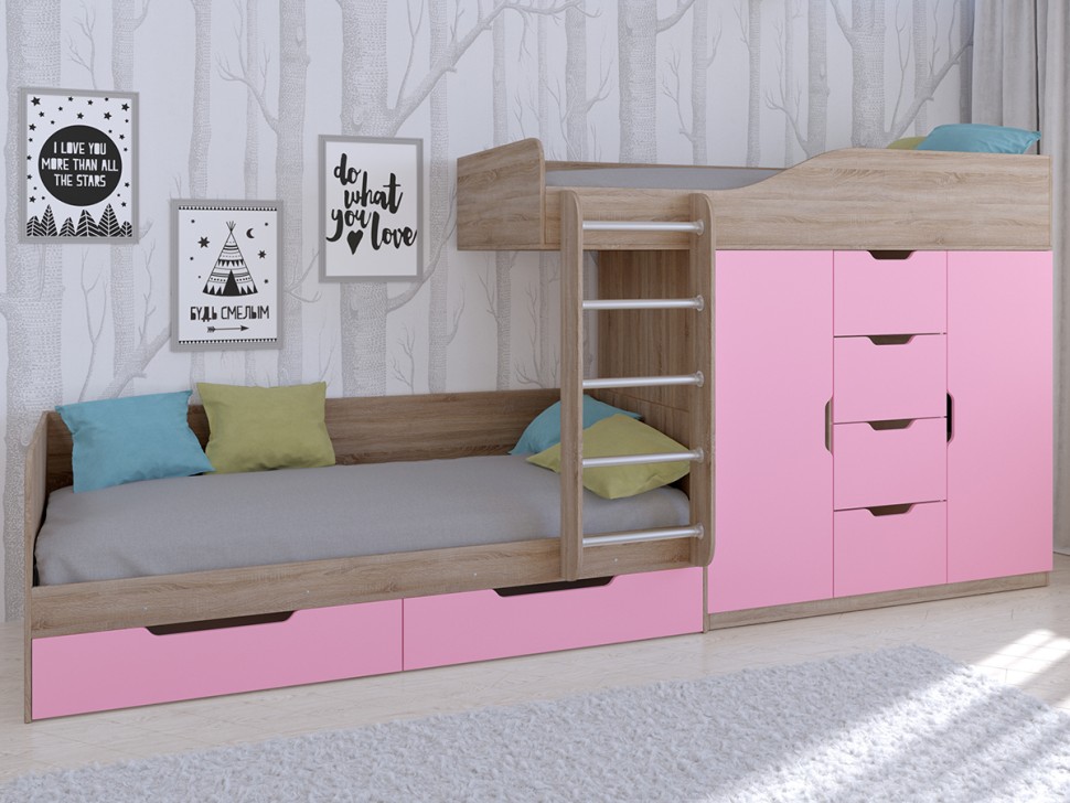 Двухъярусная кровать Астра 6 дуб сонома розовый