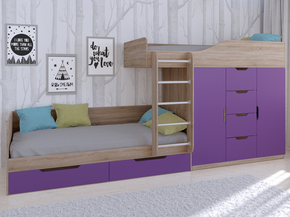 Двухъярусная кровать Астра 6 дуб сонома фиолетовый