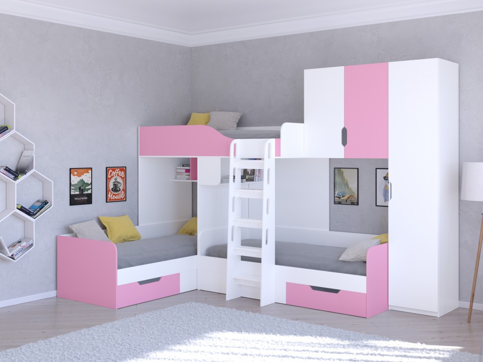 Трехъярусная кровать Трио 2 белый розовый