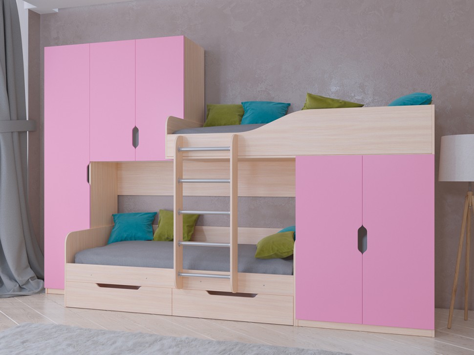 Двухъярусная кровать Лео дуб молочный розовый
