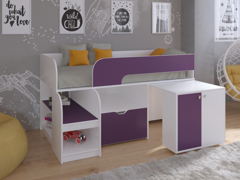 Кровать-чердак Астра 9 V9 белый фиолетовый