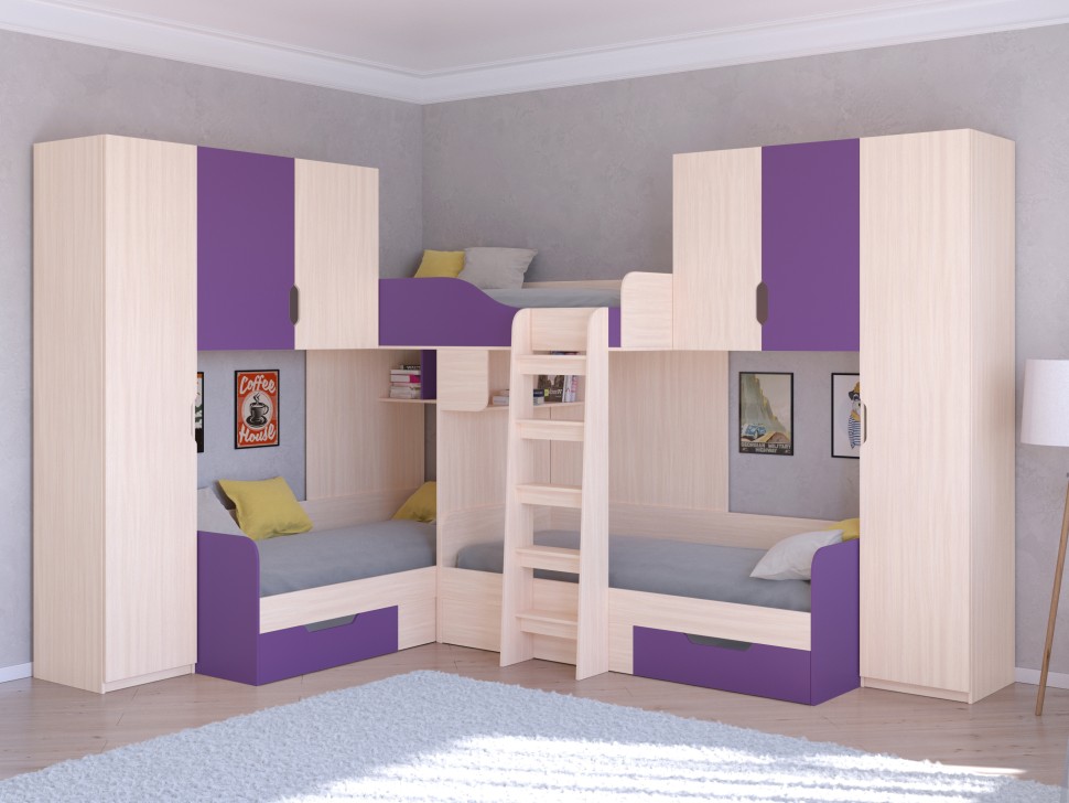 Трехъярусная кровать Трио 3 дуб молочный фиолетовый