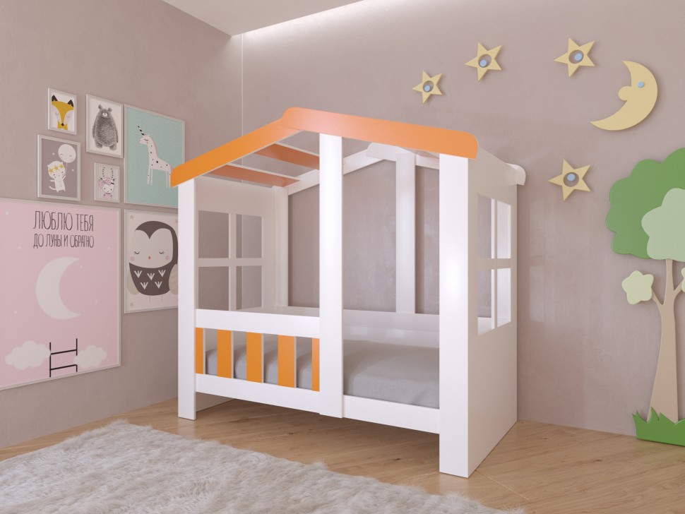 Кровать Астра домик белый оранжевый