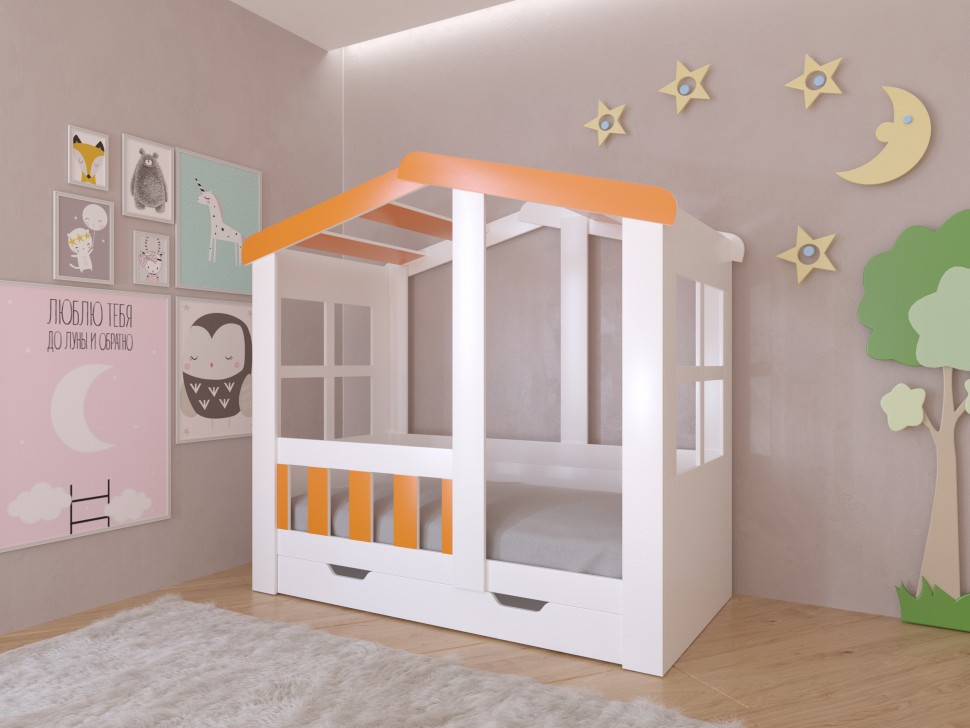Кровать Астра домик с ящиком белый оранжевый