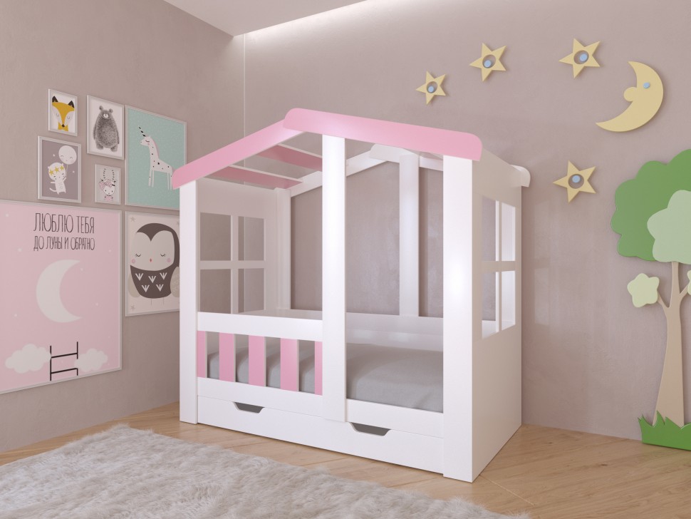 Кровать Астра домик с ящиком белый розовый
