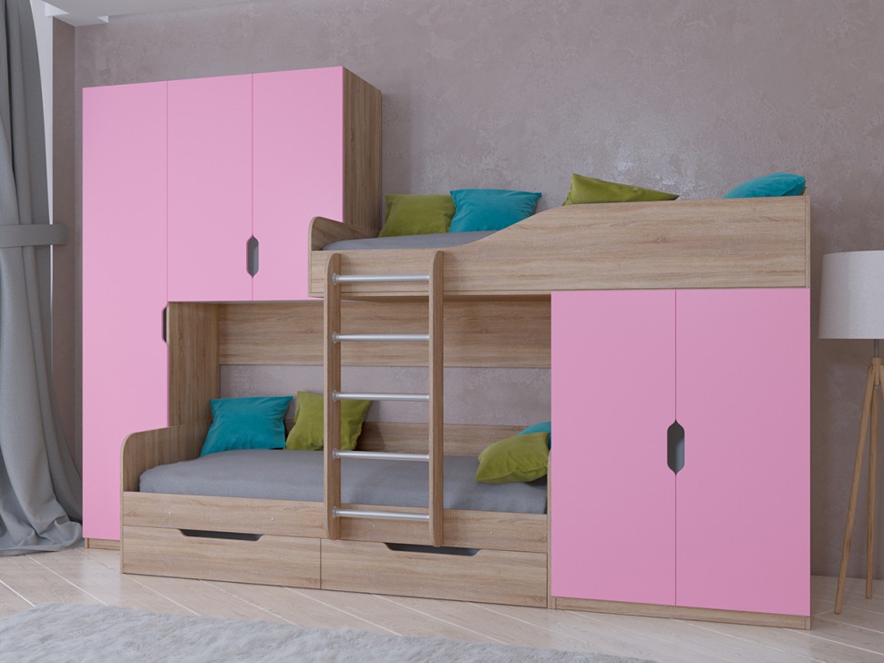Двухъярусная кровать Лео дуб сонома розовый
