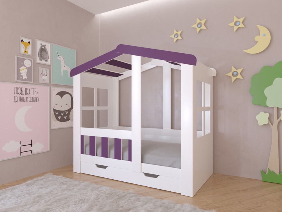 Кровать Астра домик с ящиком белый фиолетовый
