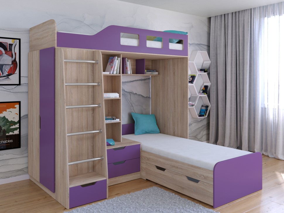 Двухъярусная кровать Астра 4 дуб сонома фиолетовый